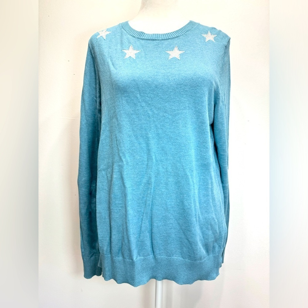 Teal Cotton Crewneck Sweater with Metallic Stars Bass Lightweight Women’s Medium